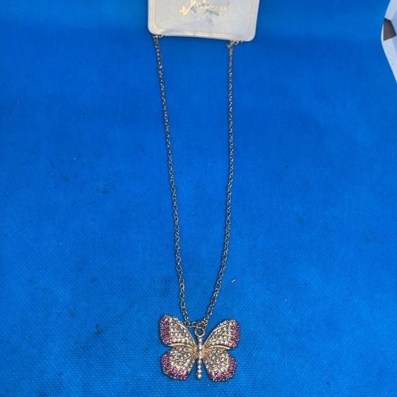 Gold Tone Butterfly Necklace with Blue Stones - Picture 2 of 3